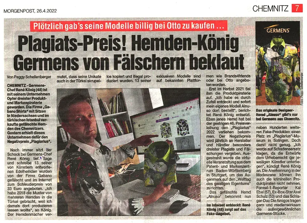 Morgenpost Chemnitz, 26. April 2022,  Plagiats-Preis! Hemden-König GERMENS von Fälschern beklaut