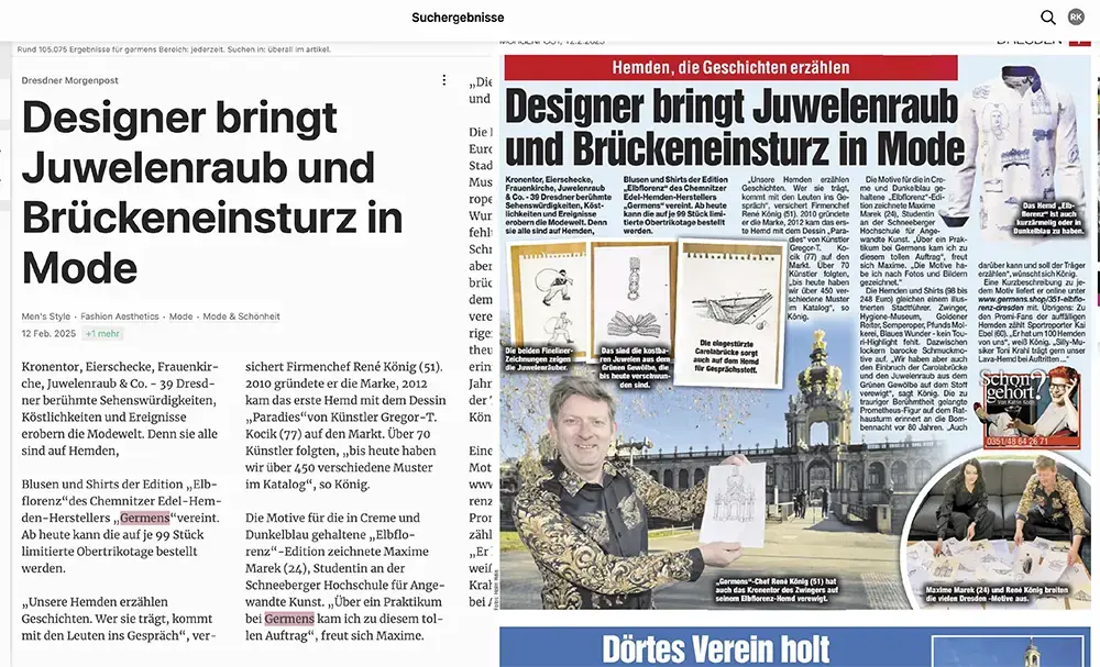 Morgenpost Dresden, 12. Februar 2024 - Designer bringt Juwelenraub und Brückeneinsturz in Mode