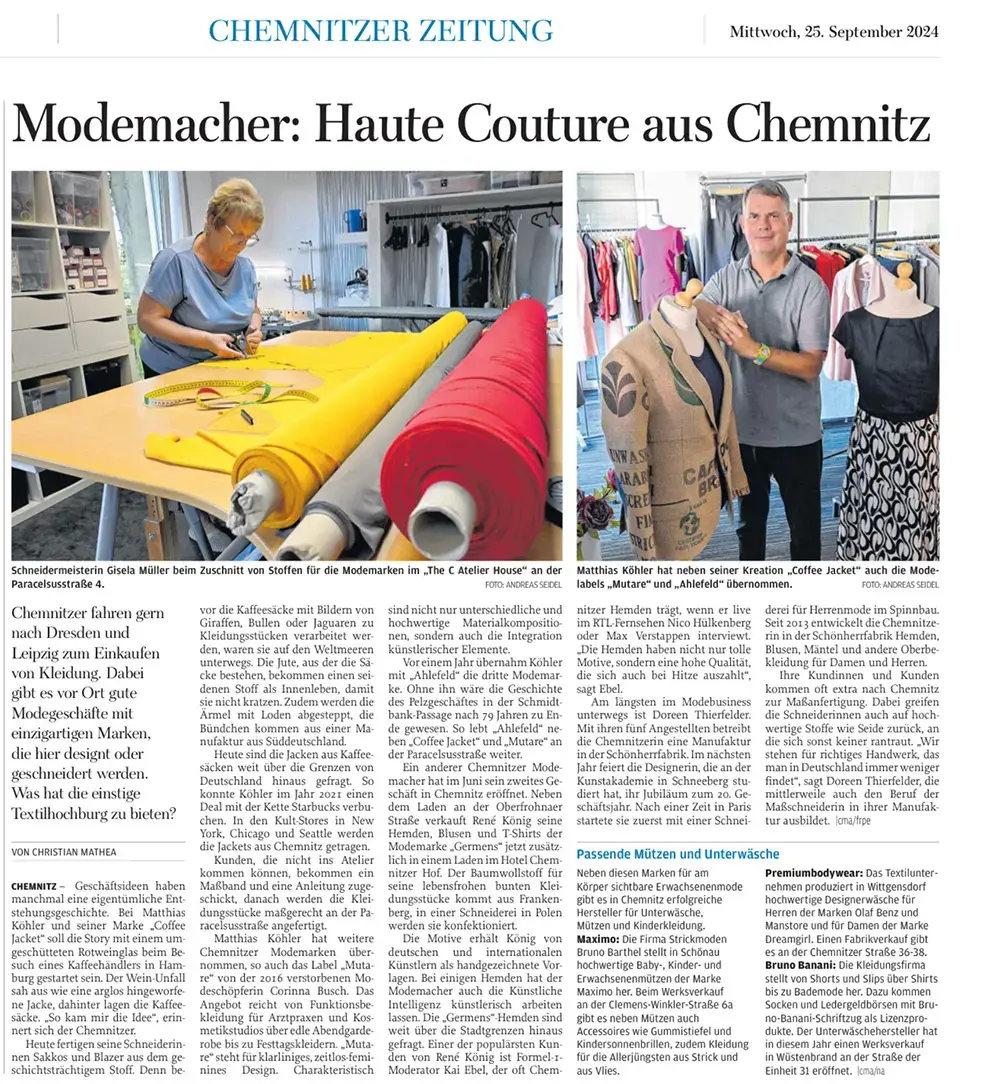 Freie Presse, 15. September 2024 - Modemaker: Haute Couture aus Chemnitz