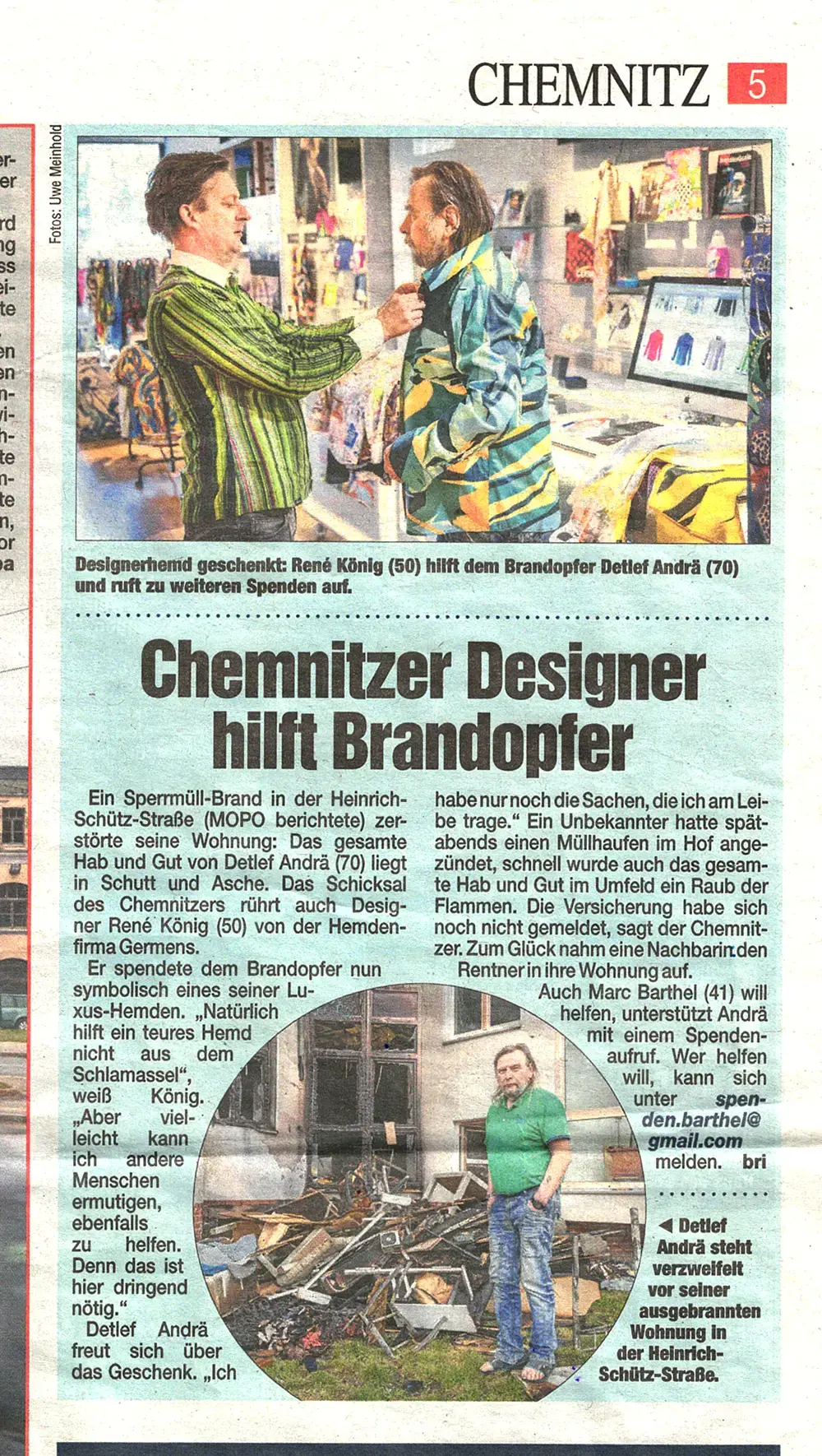 Morgenpost Chemnitz, 2. März 2024 - Chemnitzer Designer hilft Brandopfer