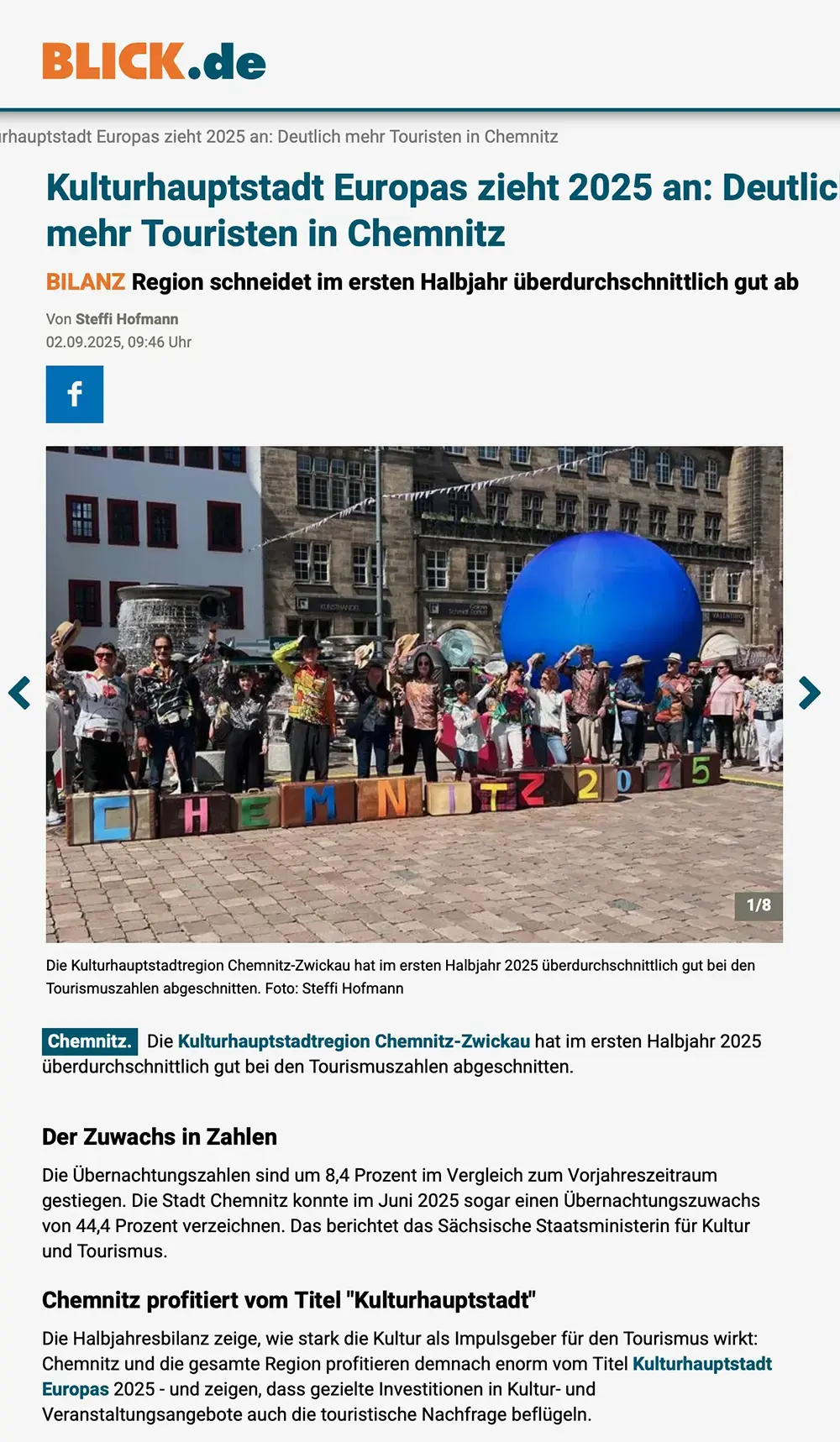BLICK online, 7. August 2019 - Kulturhauptstadt Europas zieht 2025 an: Deutlich mehr Touristen in Chemnitz