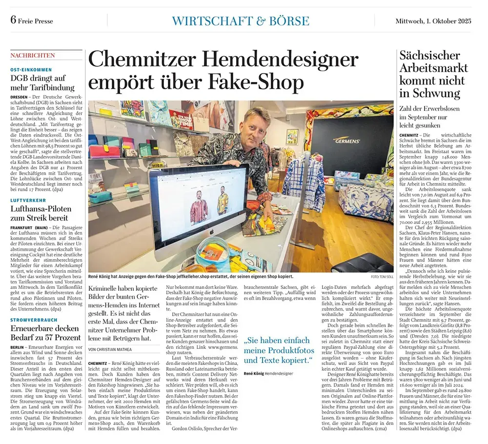 Freie Presse, 1. Oktober 2025 - Chemnitzer Hemdendesigner empört über Fake-Shop