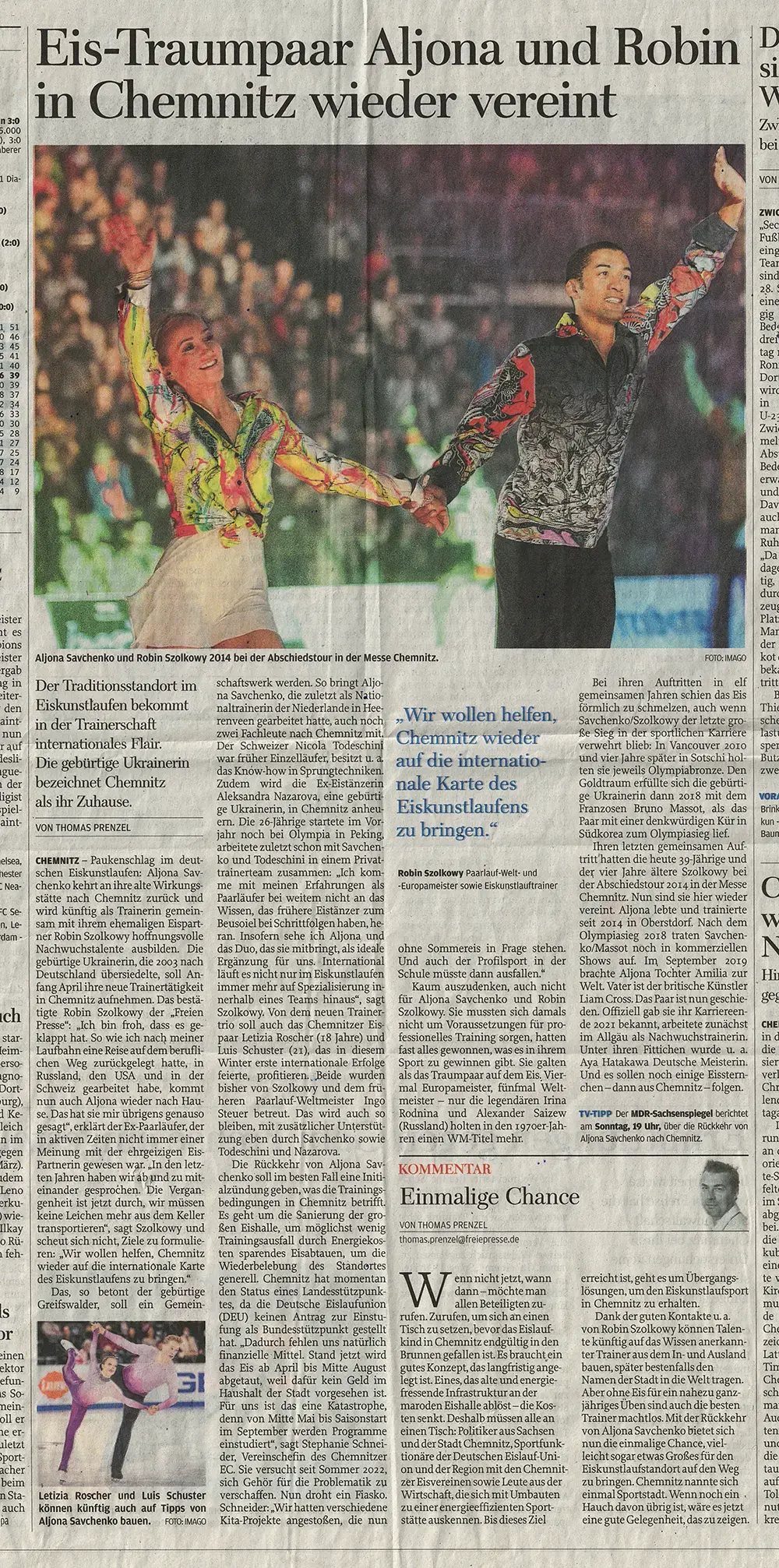Freie Presse, 18. März 2025 - Eis-Traumpaar Aljona und Robin in Chemnitz wieder vereint
