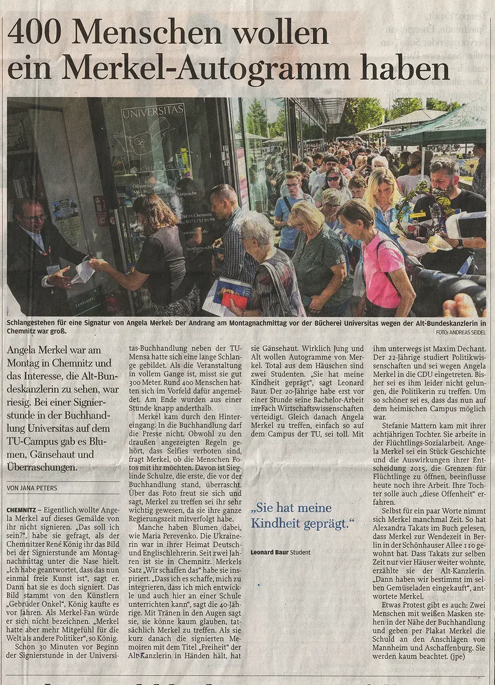 Freie Presse, 9. September 2025 - 400 Menschen wollen ein Merkel-Autogramm haben