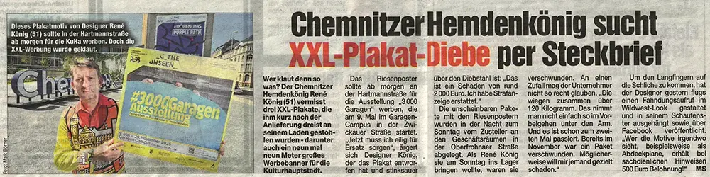 Morgenpost Chemnitz, 29. April 2025 - Chemnitzer Hemdenkönig sucht XXL-Plakat-Diebe per Steckbrief