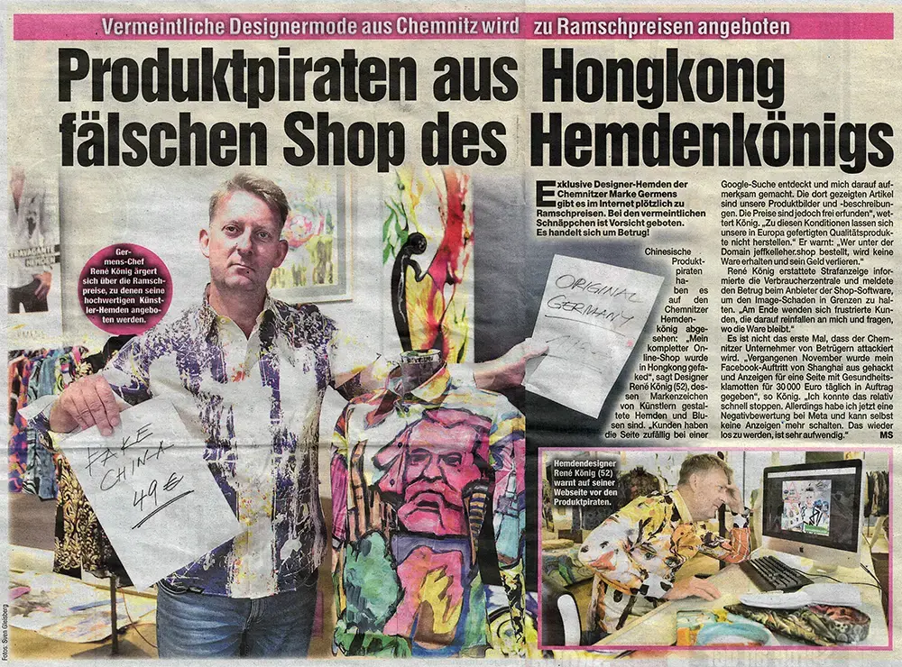 Morgenpost Chemnitz, 30. September 2025 - Produktpiraten aus Hongkong fälschen Shop des Hemdenkönigs