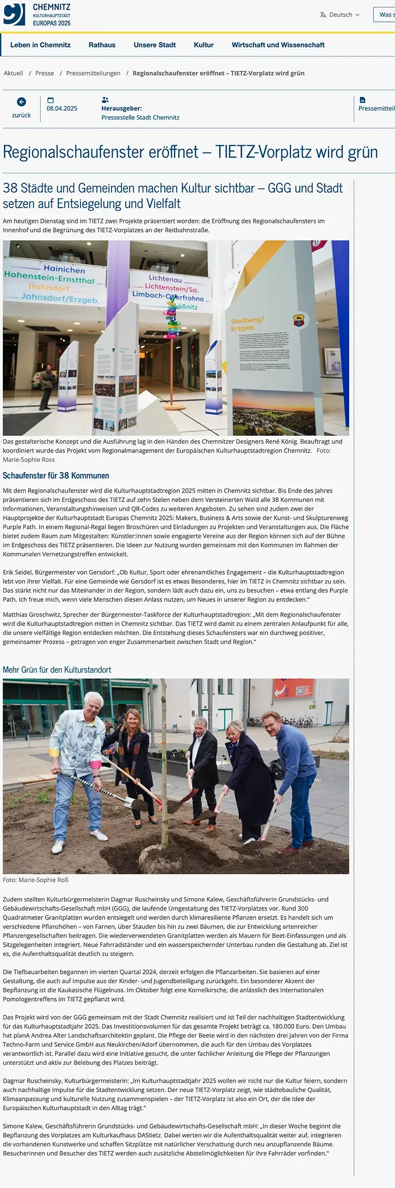 Stadt Chemnitz Pressestelle, 9. April 2025 -Regionalschaufenster eröffnet – TIETZ-Vorplatz wird grün