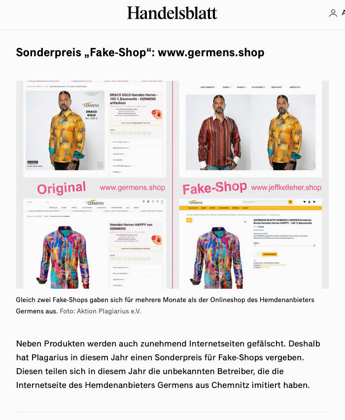 Handelsblatt berichtet am 06.02.2026 über den Fake Shop von GERMENS artfashion und den Negativpreis Plagiarius