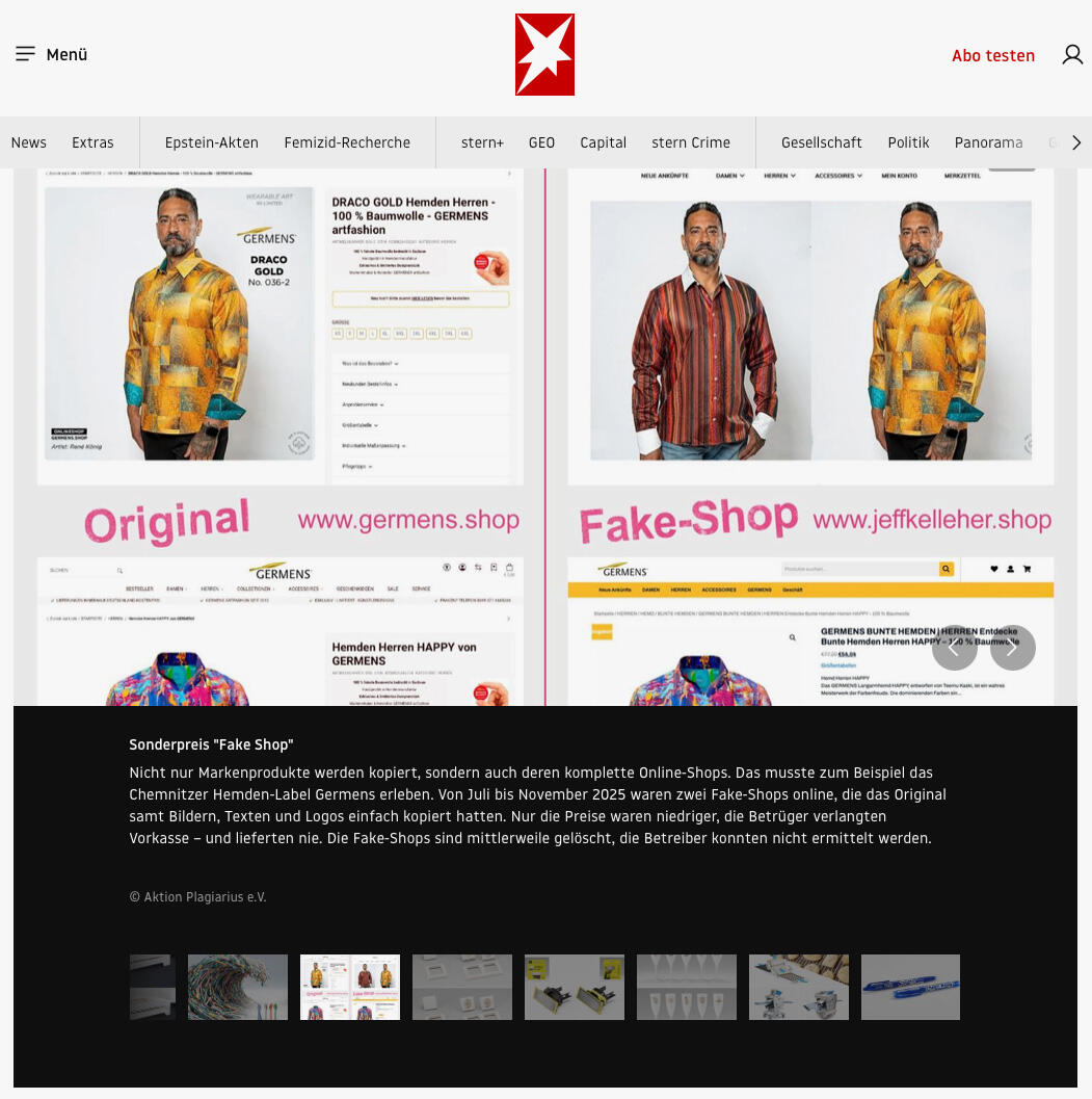 STERN berichtet am 06.02.2026 über den Fake Shop von GERMENS artfashion und den Negativpreis Plagiarius