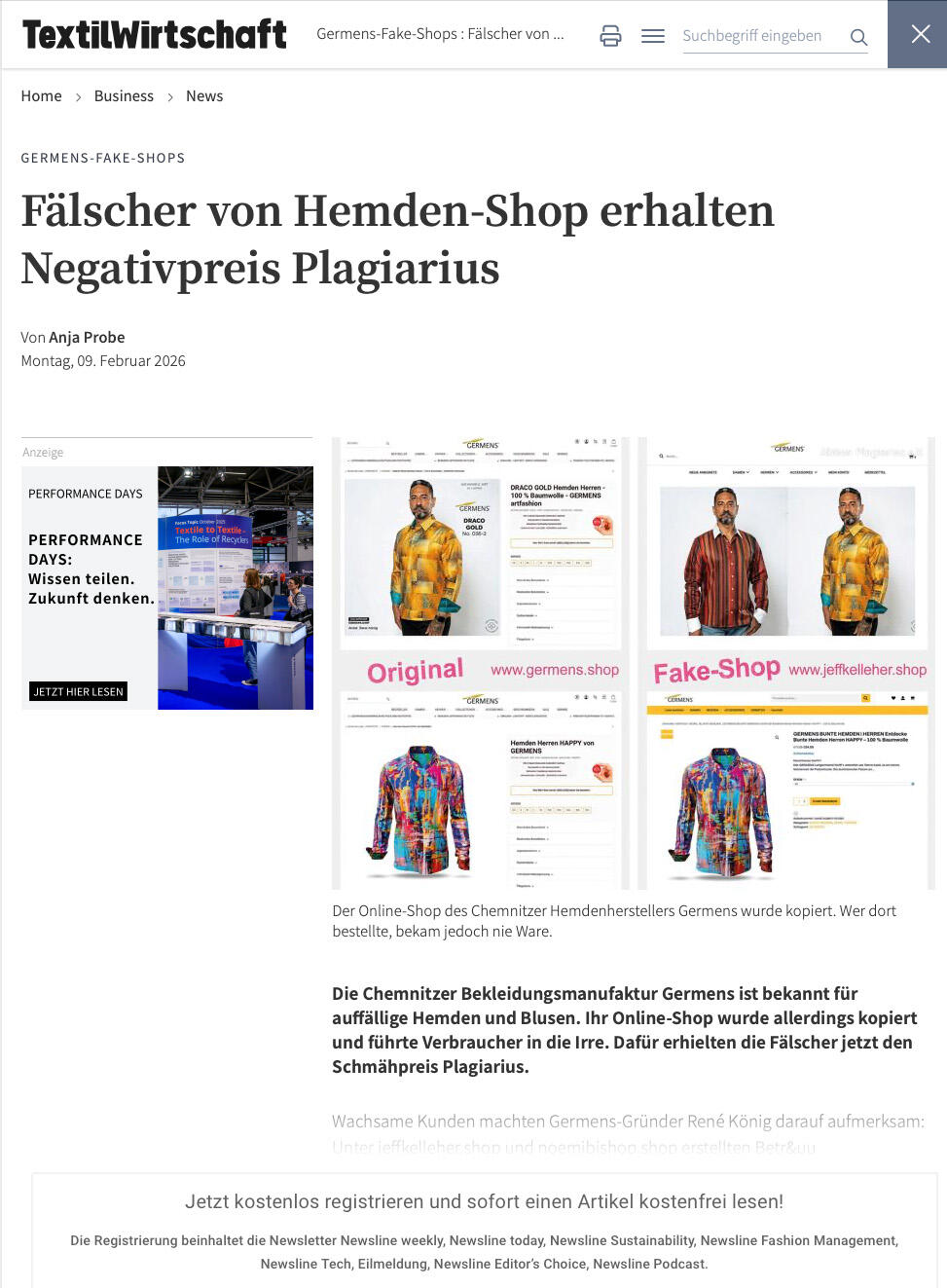 Textilwitschaft berichtet am 10.02.2026 über den Fake Shop von GERMENS artfashion und den Negativpreis Plagiarius