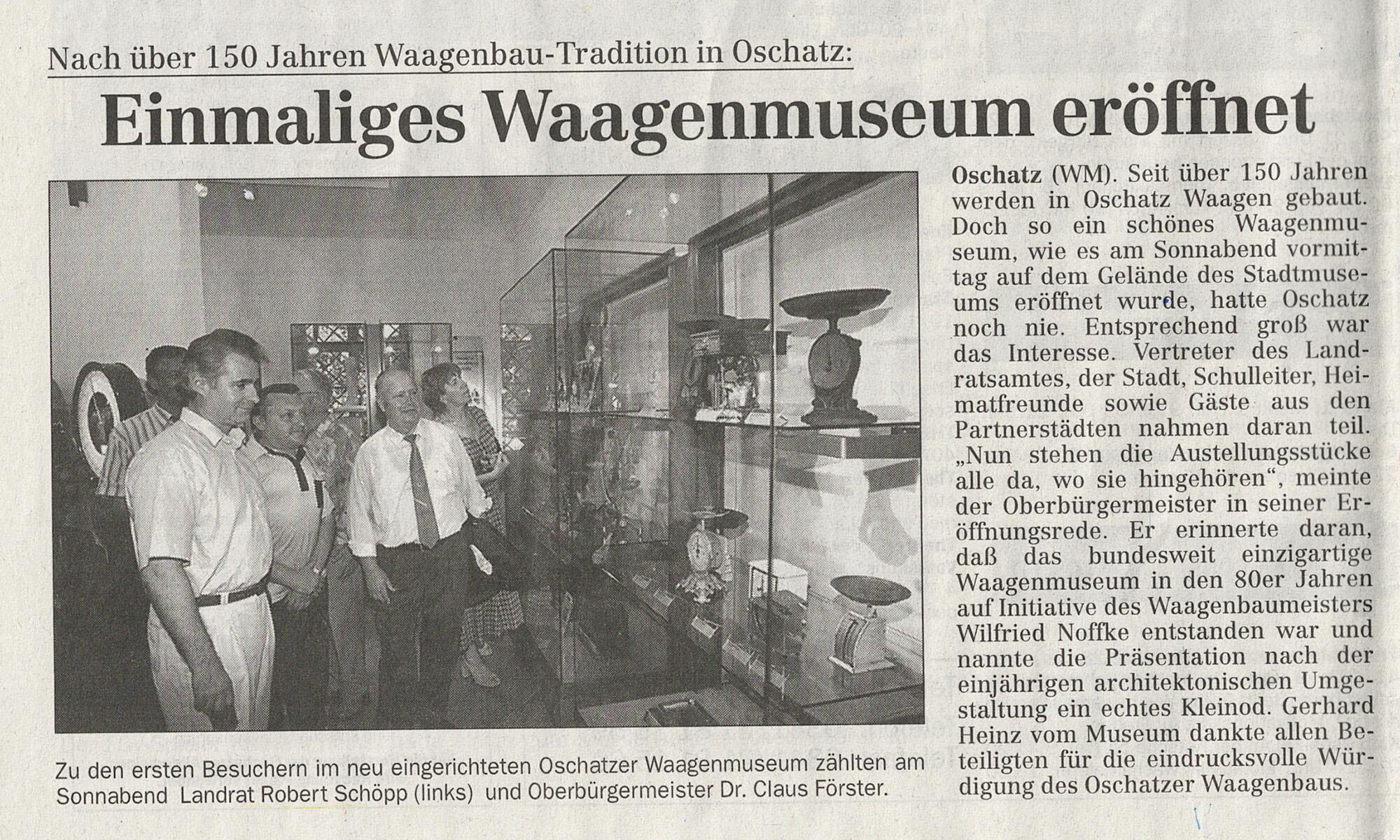 Presseartikel zur Eröffnung der Dauerausstellung zur Waagengeschichte der Stadt Oschatz in Sachsen