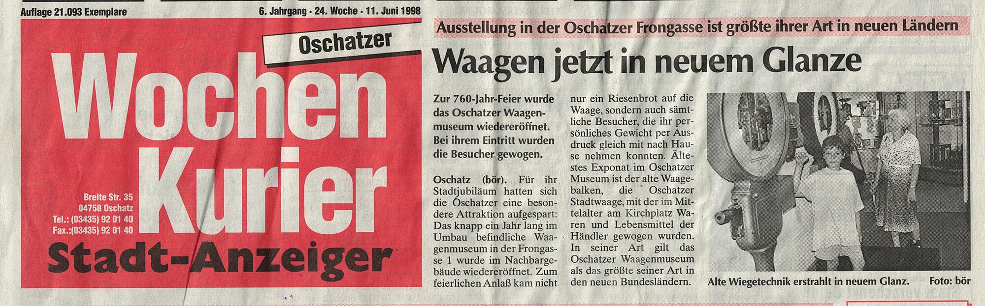 Presseartikel zur Eröffnung der Dauerausstellung zur Waagengeschichte der Stadt Oschatz in Sachsen