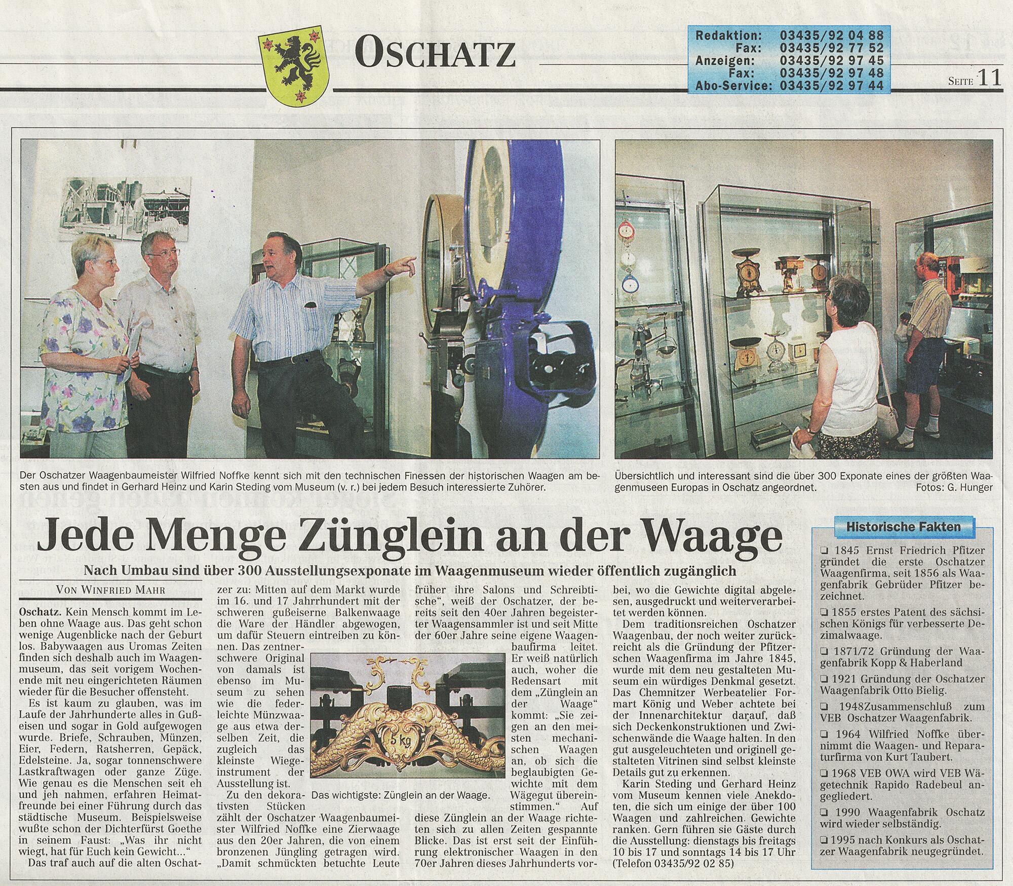 Presseartikel zur Eröffnung der Dauerausstellung zur Waagengeschichte der Stadt Oschatz in Sachsen