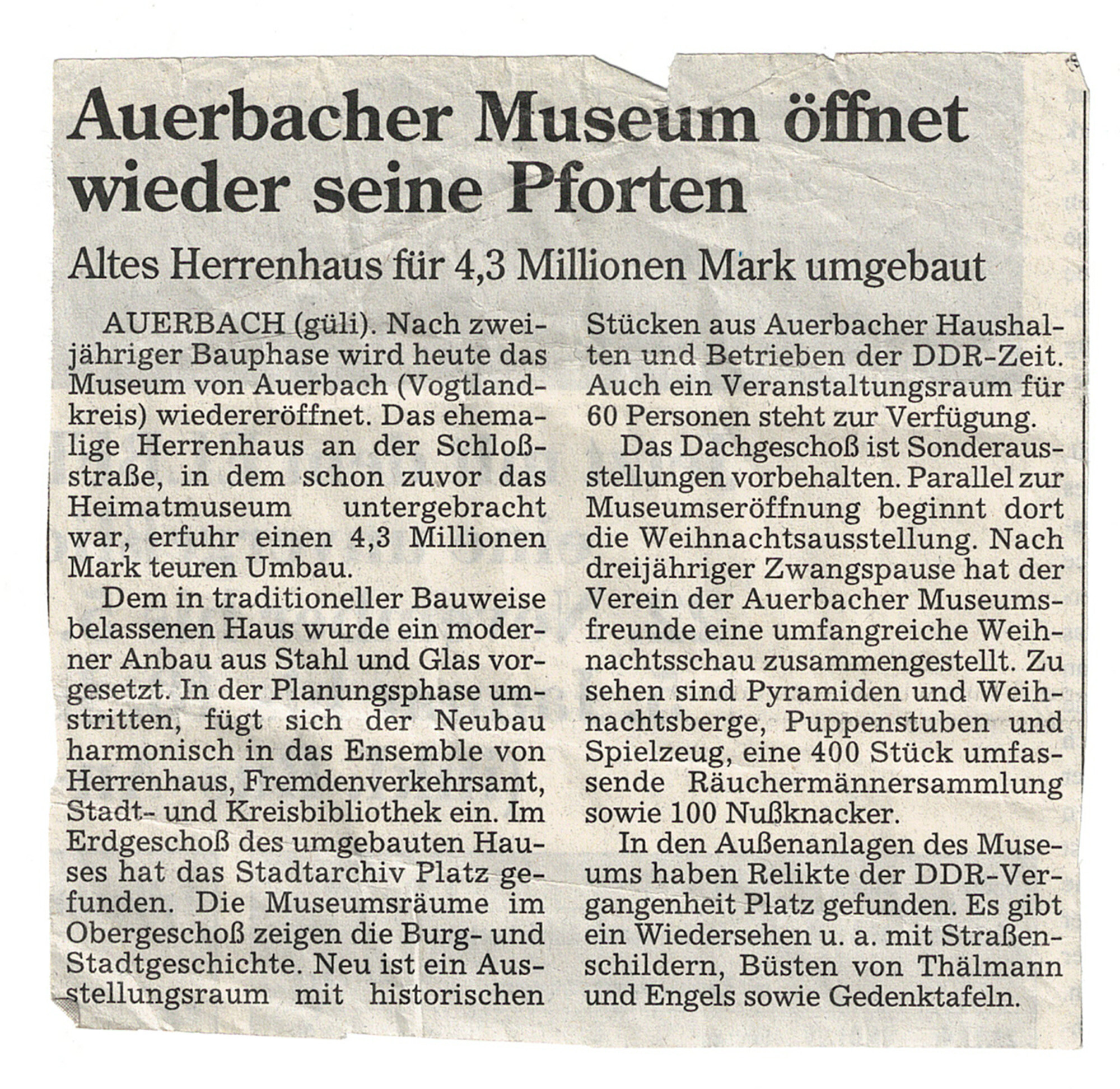 Presseartikel zur Ausstellung zur Stadtgeschichte Auerbach im Vogtland
