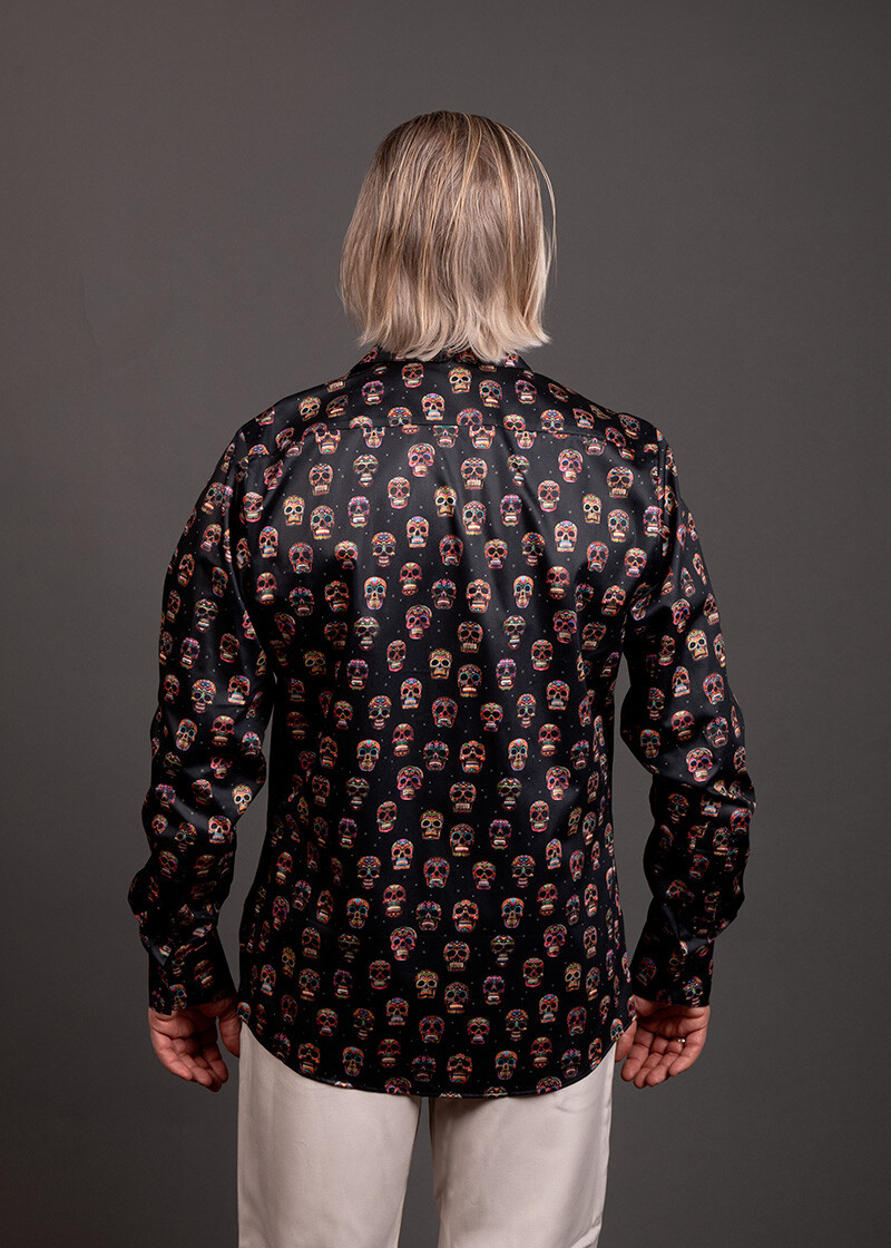 schwarzes Hemd Herren mit mexikanischen Totenköpfen - MUERTE BRILLANTE von GERMENS artfashion - 100 % Baumwolle - Made in Germany