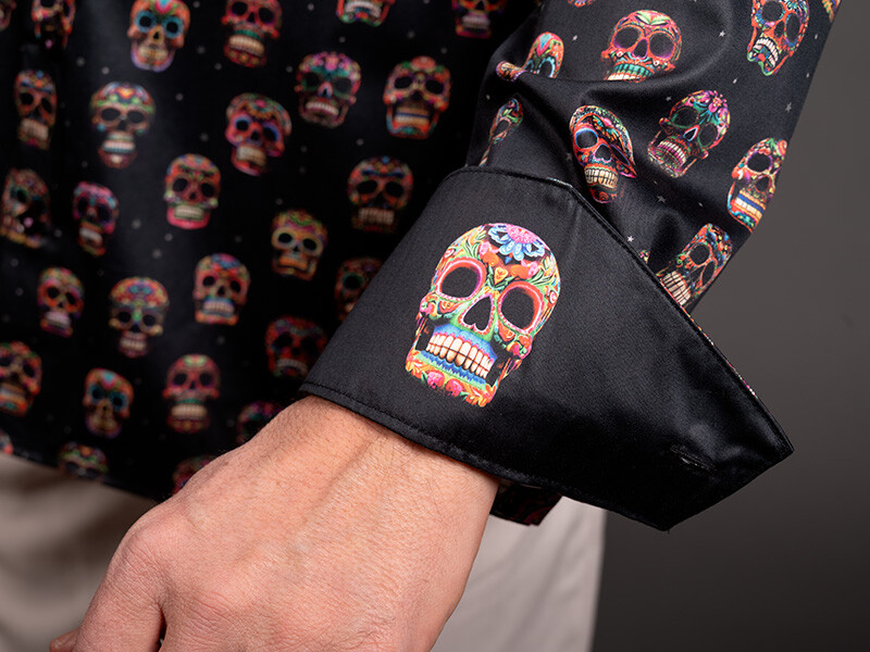 schwarzes Hemd Herren mit mexikanischen Totenköpfen - MUERTE BRILLANTE von GERMENS artfashion - 100 % Baumwolle - Made in Germany