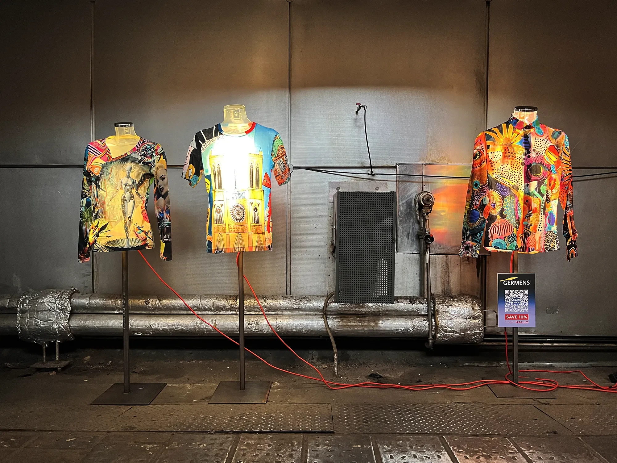 GERMENS Leuchttorsos vor einer Textilmaschine