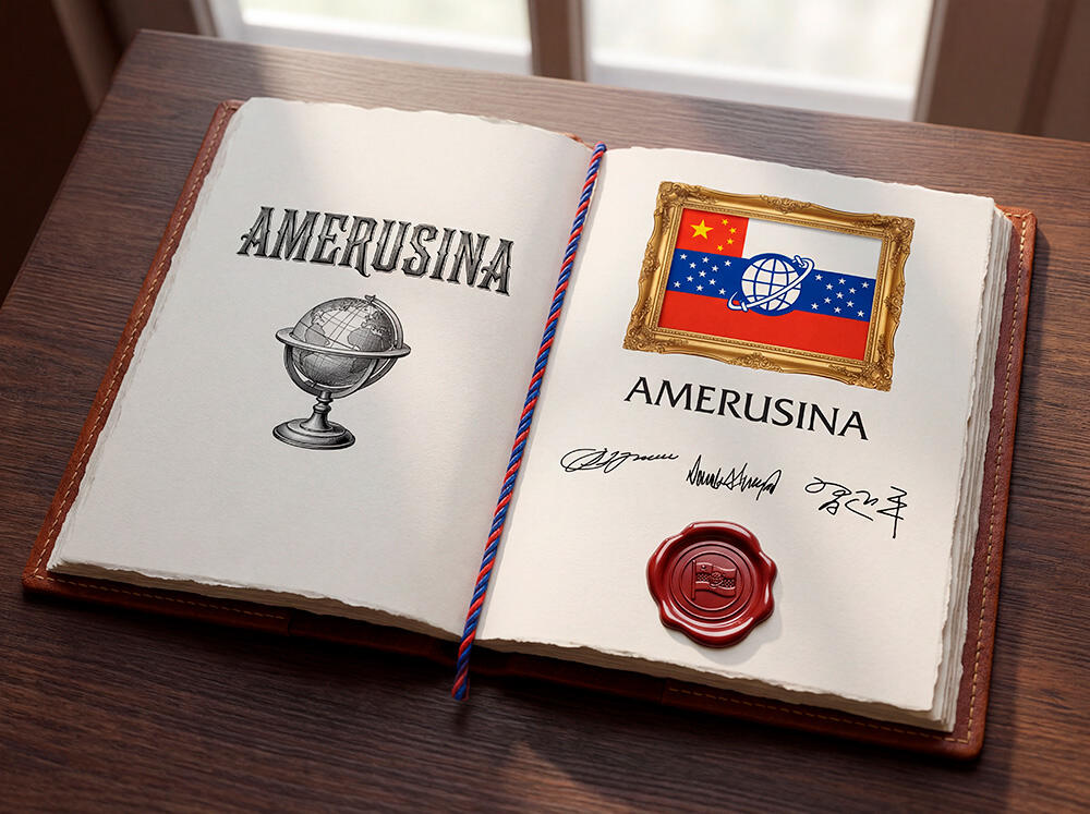 Geleaktes Foto der Urkunde zur neuen AMERUSINA-Triumvirat-Flagge: besiegelt und unterschrieben von den drei mächtigsten Männern der Welt.