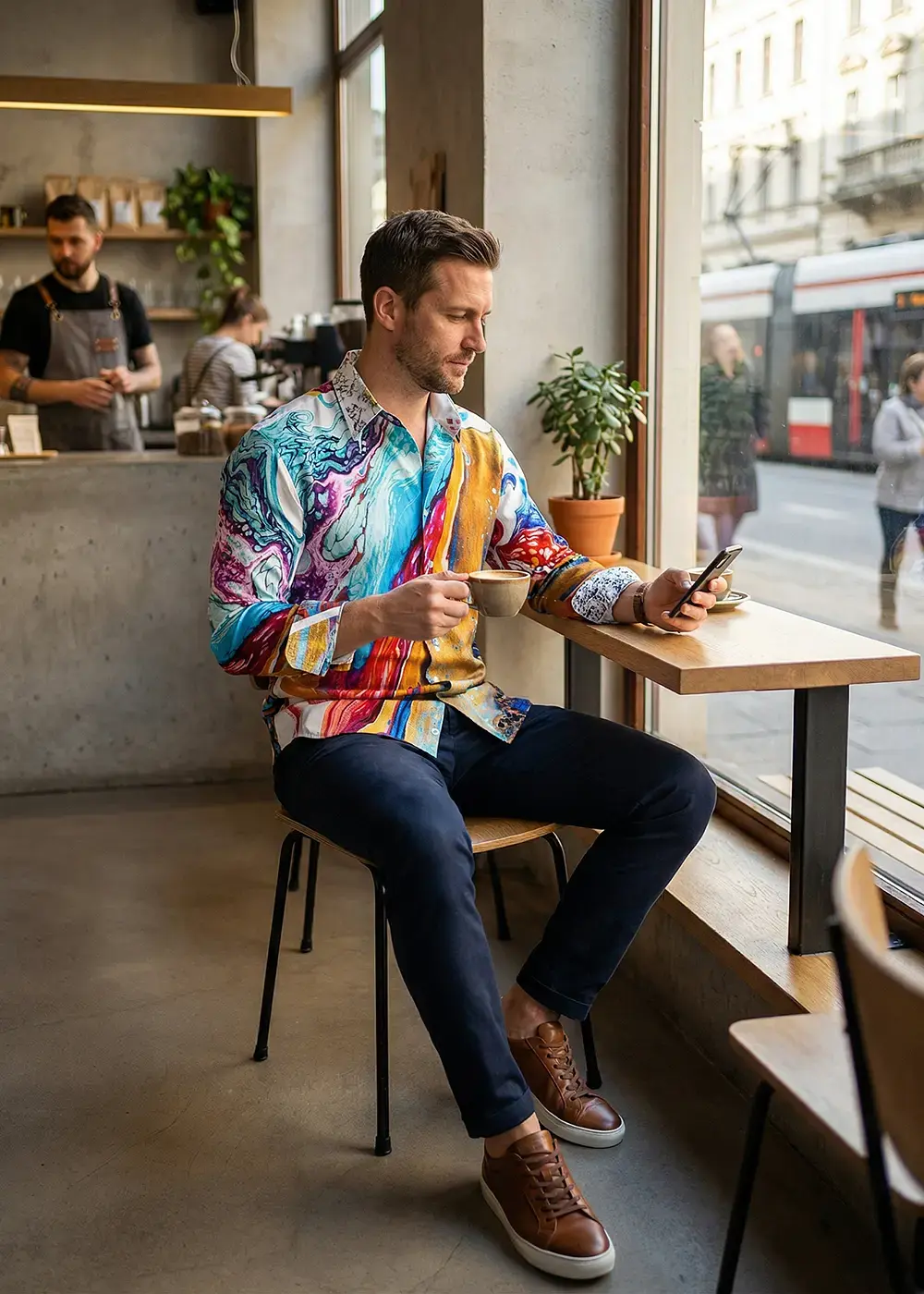 A young man sits in a café wearing the cheerful HAU OLI shirt from GERMENS.