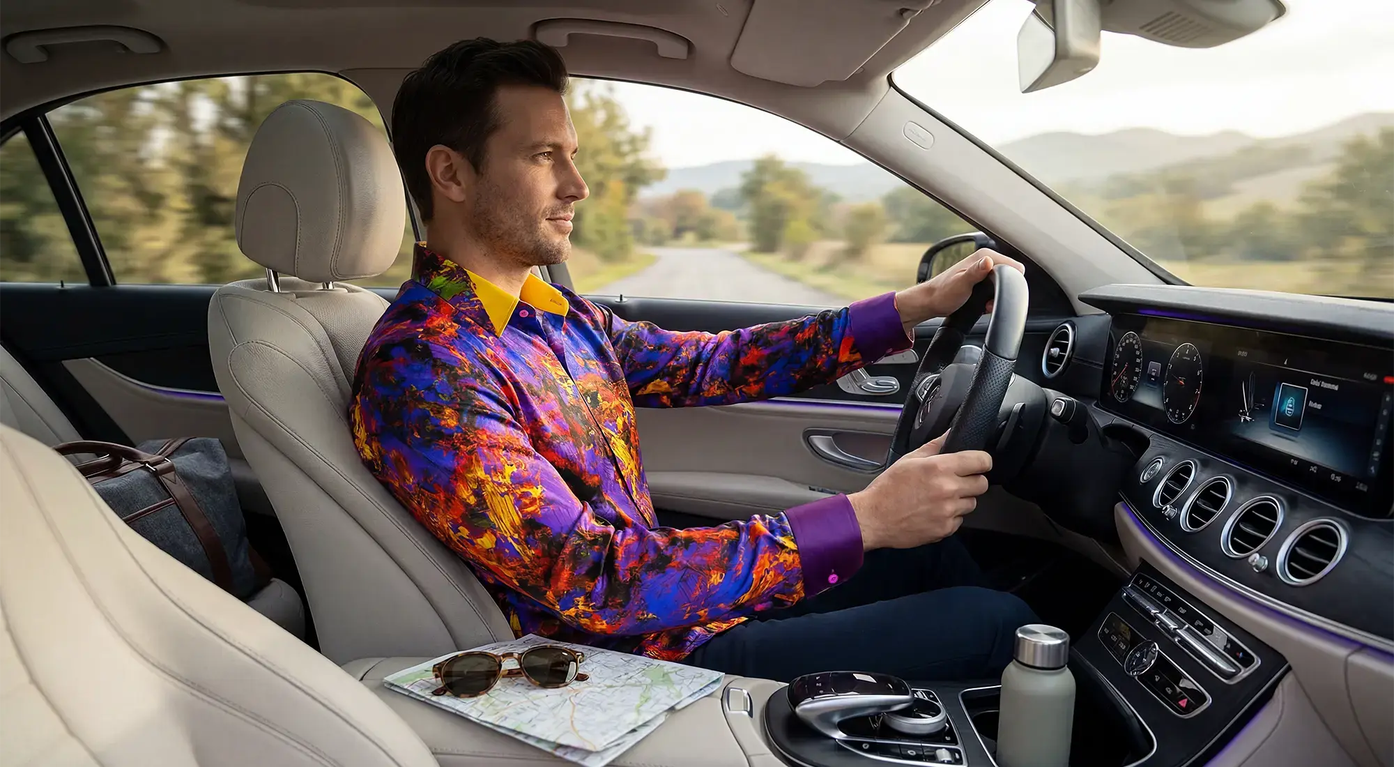 Ein Mann fährt in einem Mittelklassefahrzeug und trägt das GERMENS Hemd AIXON