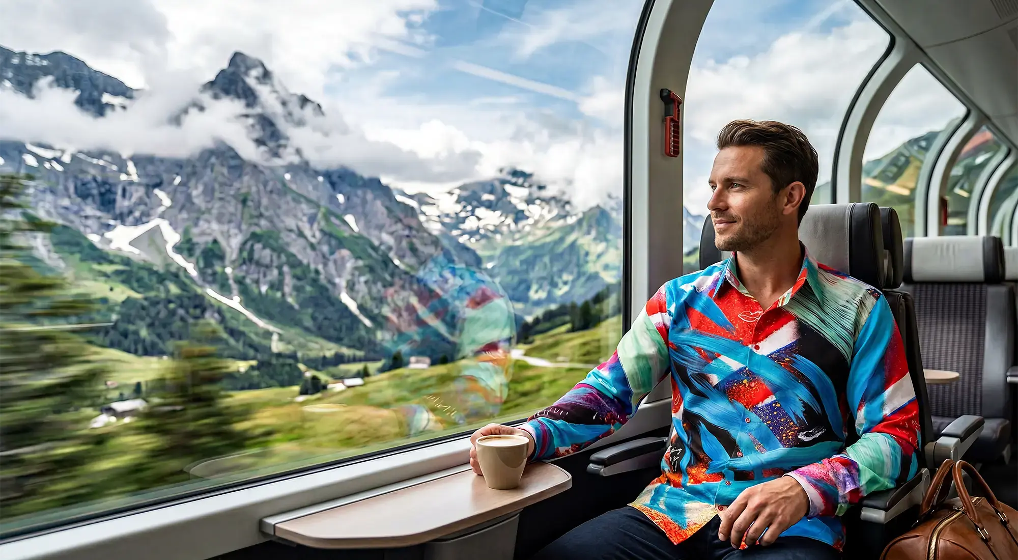 A passenger travels through the Swiss Alps on a panoramic train. He is wearing the GERMENS shirt THE TIME TRAVELING.