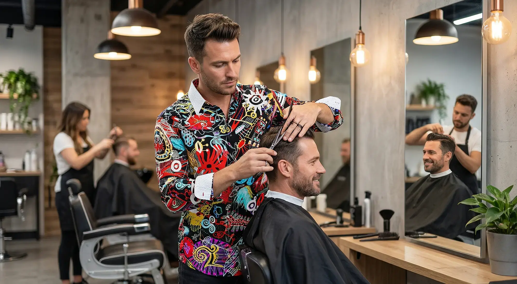 A hairdresser serves a customer in a hair salon. The hairdresser is wearing the GERMENS MAMBO shirt.