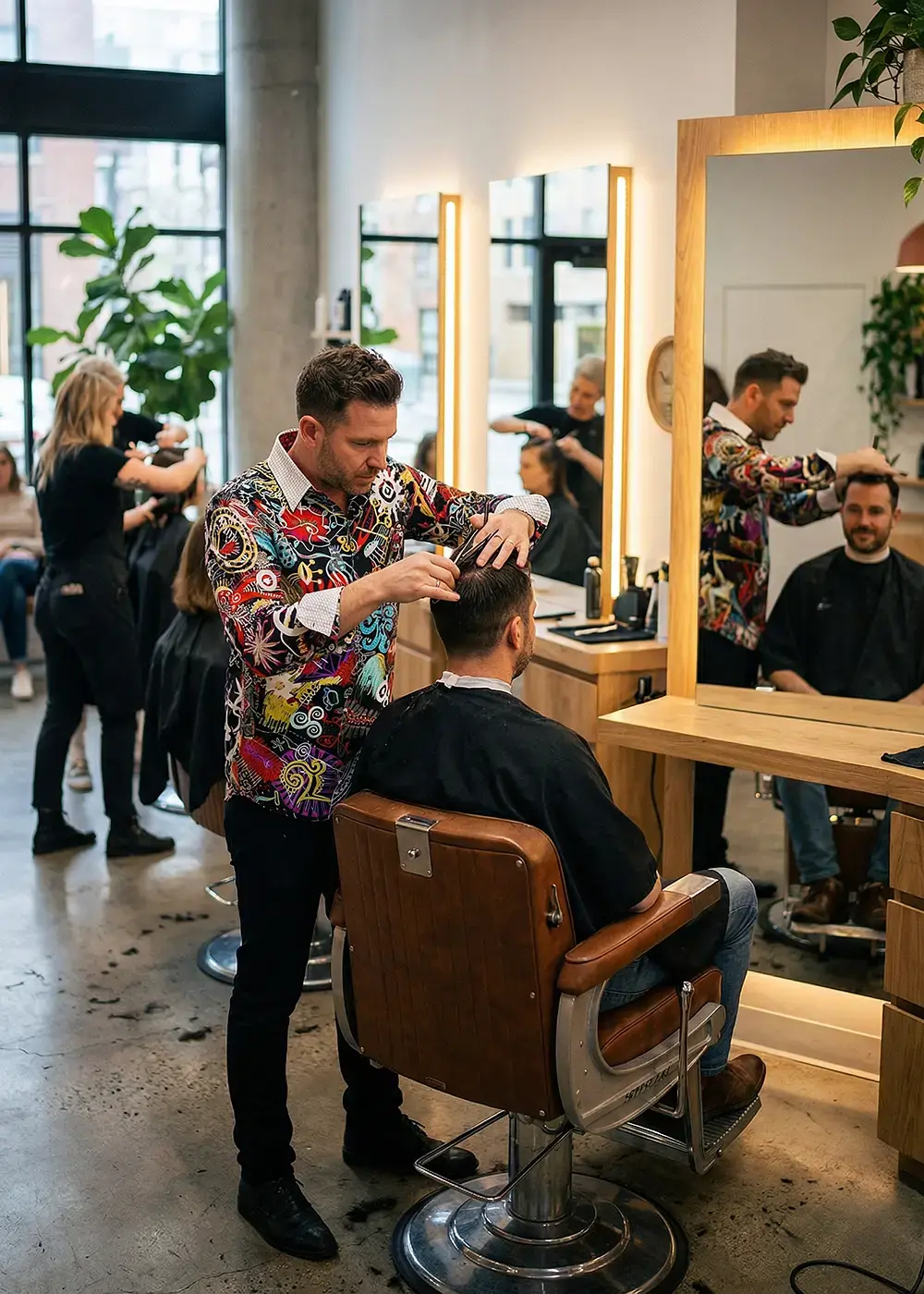A hairdresser serves a customer in a hair salon. The hairdresser is wearing the GERMENS MAMBO shirt.