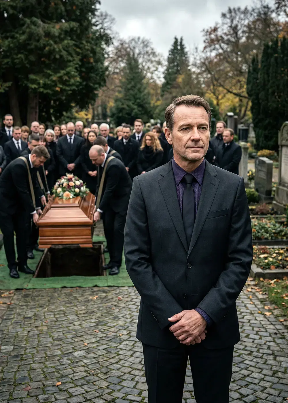 Funeral ceremony - A man wears the dark GERMENS CUBO CASINO shirt with a tie and suit.