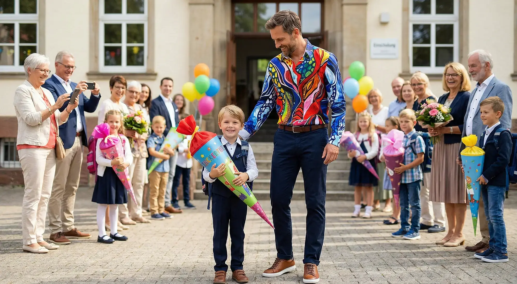 It's the first day of school and the child is carrying a large goody bag. The child's father is wearing the colorful MYSTERIAL shirt. 