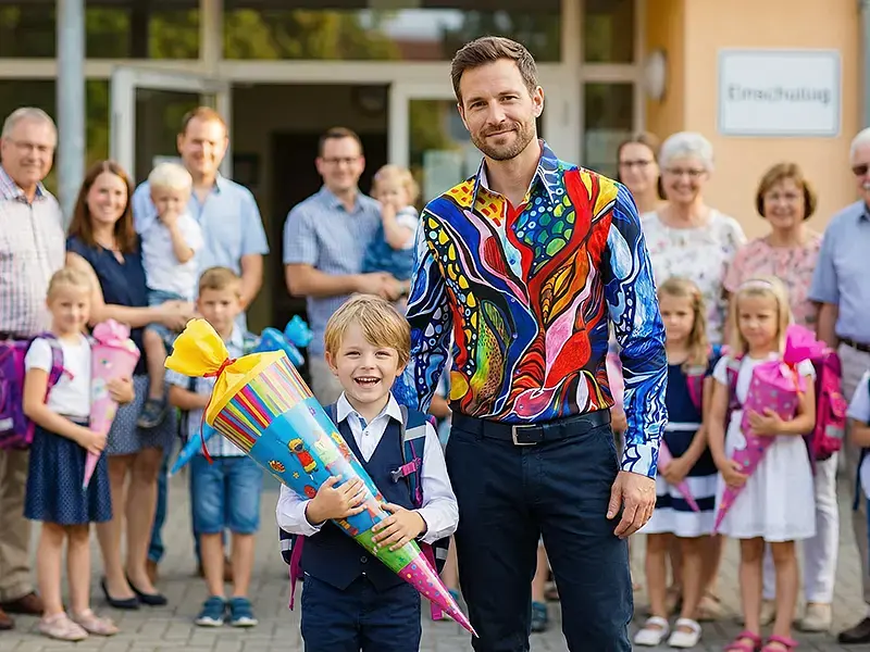 First day of school – a friendly outfit for the occasion with the GERMENS MYSTERIAL shirt, smart and comfortable to wear.
