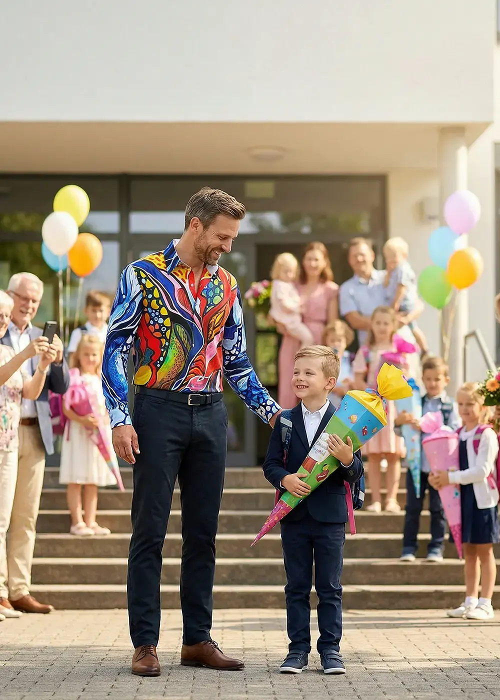 It's the first day of school and the child is carrying a large goody bag. The child's father is wearing the colorful MYSTERIAL shirt. 