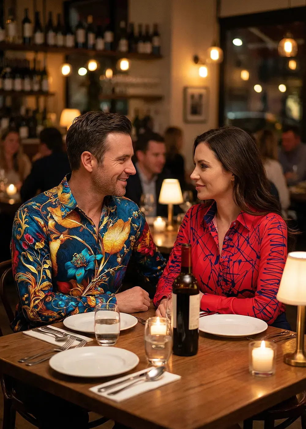 A couple meets for dinner. He wears the ROYAL BOTANY shirt, she wears the DENADA RED blouse.
