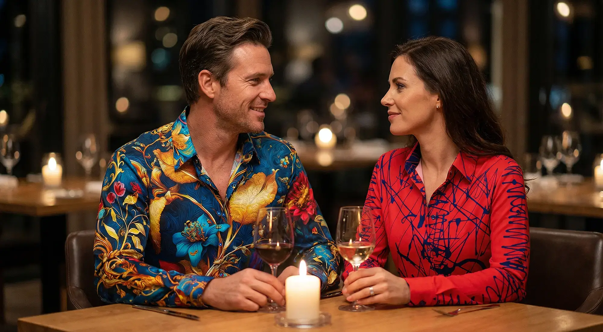 A couple meets for dinner. He wears the ROYAL BOTANY shirt, she wears the DENADA RED blouse.