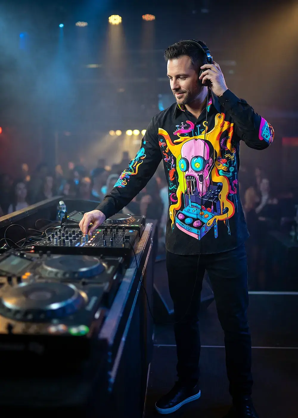 Ein DJ ist auf der Bühne zu sehen, mit Zuschauern im Hintergrund. Er trägt das Hemd DJ PSYCOTAX von GERMENS