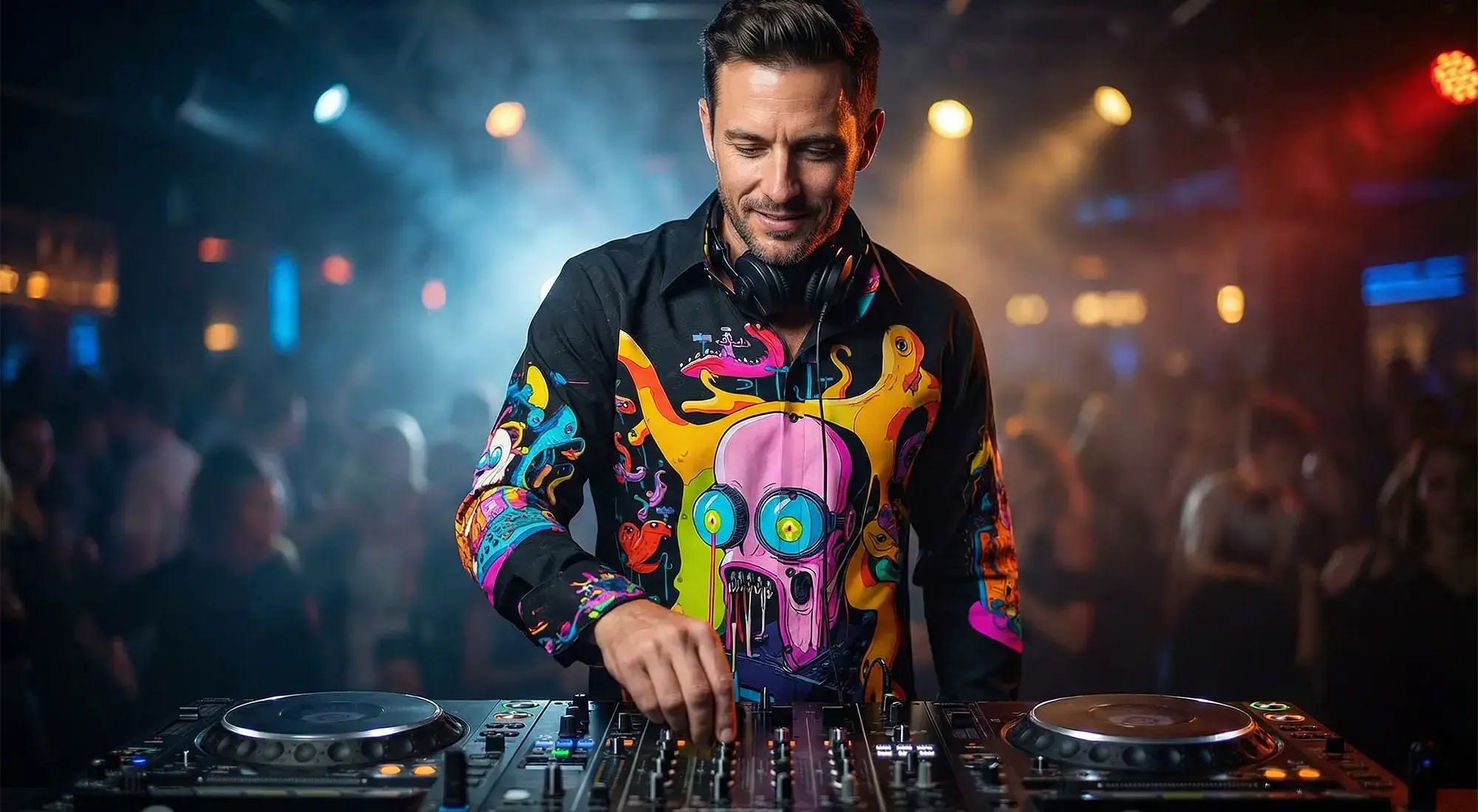 Ein DJ ist auf der Bühne zu sehen, mit Zuschauern im Hintergrund. Er trägt das Hemd DJ PSYCOTAX von GERMENS