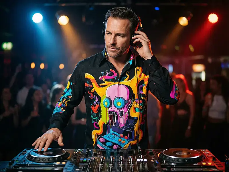 Club night – A DJ wears the GERMENS shirt DJ PSYCOTAX, distinctive style in the stage lights.