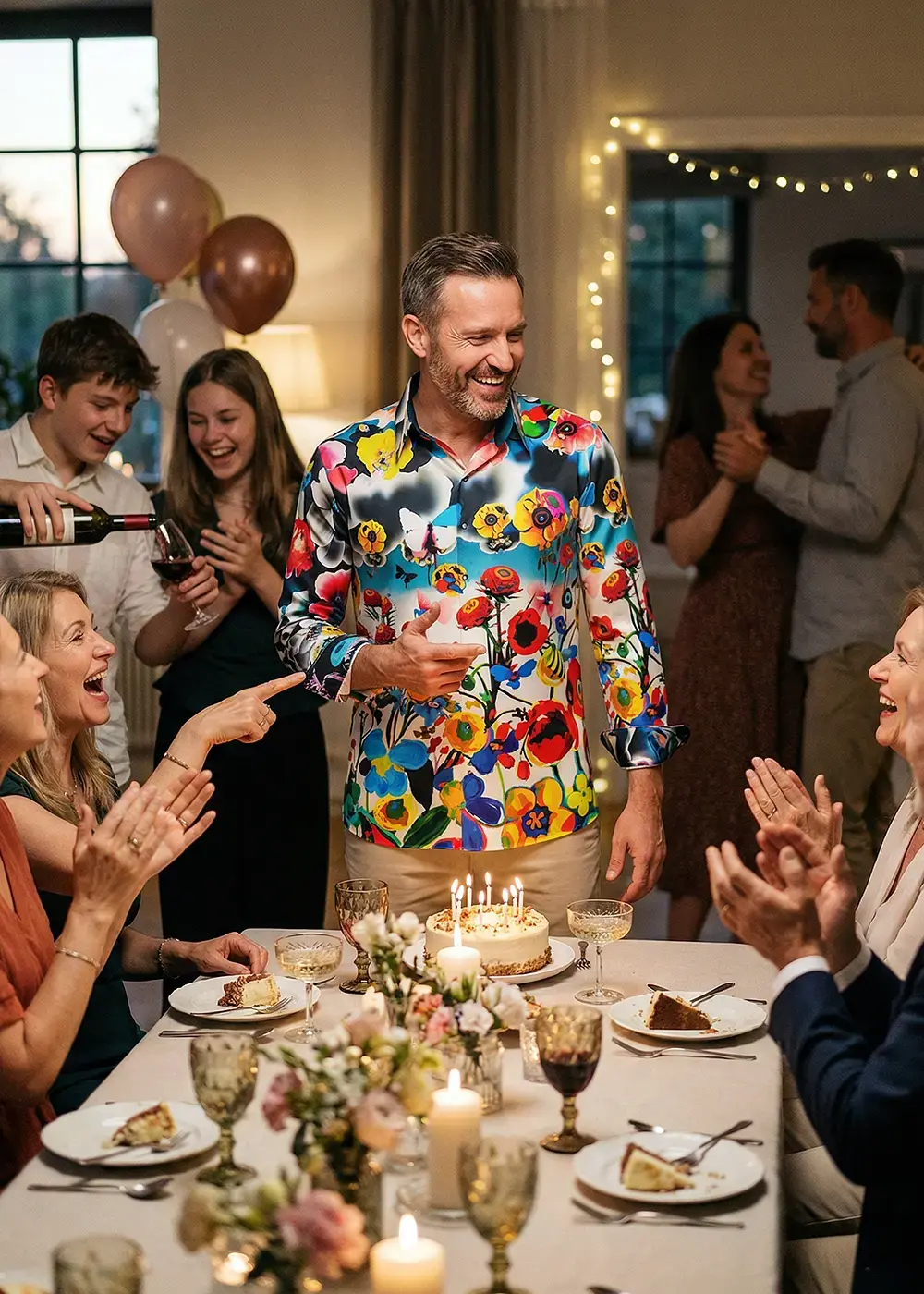 Ein Mann auf der Familienfeier trägt das bunte Hemd FLOWERDREAM von GERMENS