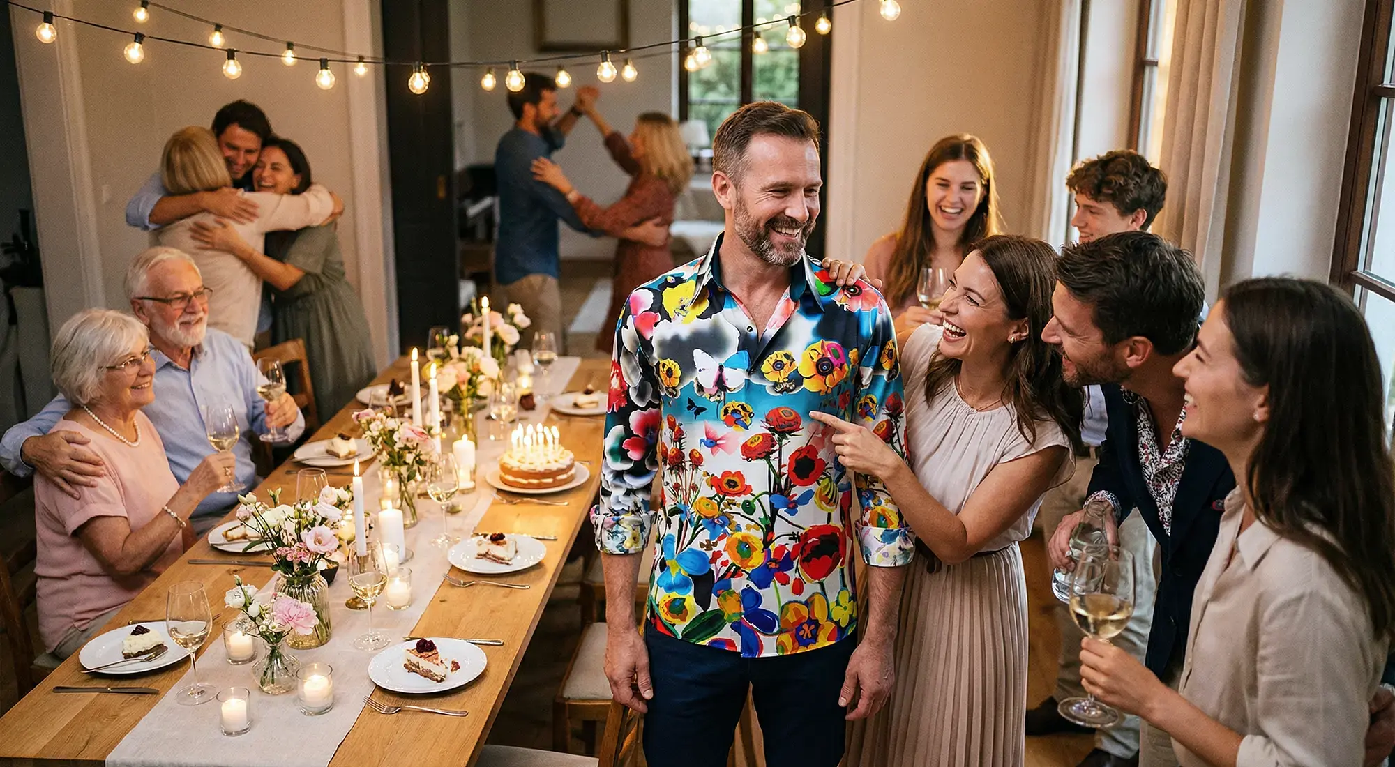 Ein Mann auf der Familienfeier trägt das bunte Hemd FLOWERDREAM von GERMENS