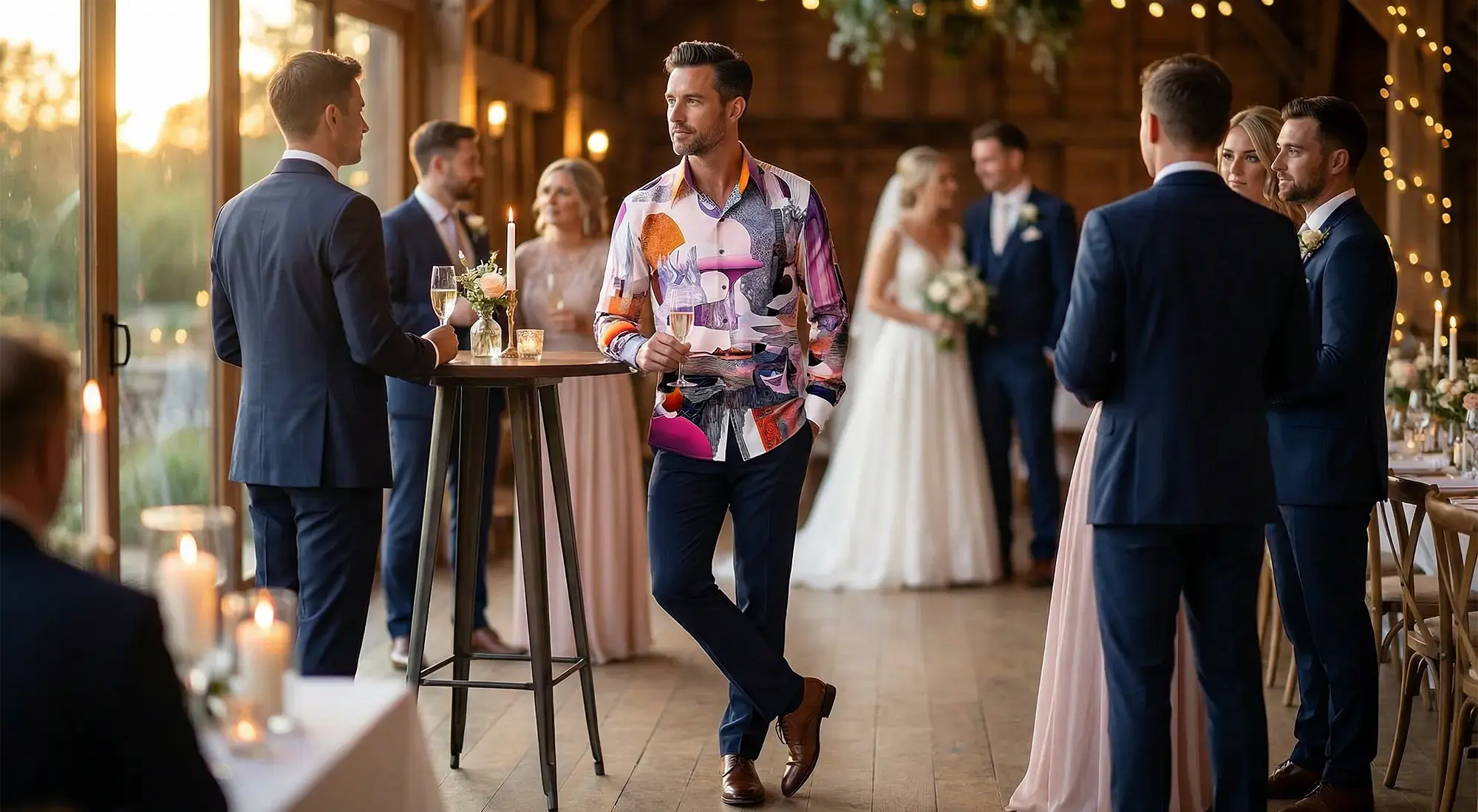 Ein Gast auf einer Hochzeit trägt das GERMENS Hemd ASPHORIA 