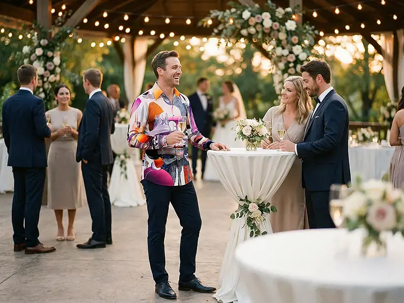 GERMENS shirt as a wedding guest: Wedding celebration – Guest wears the GERMENS ASPHORIA shirt, festive without the standard look.