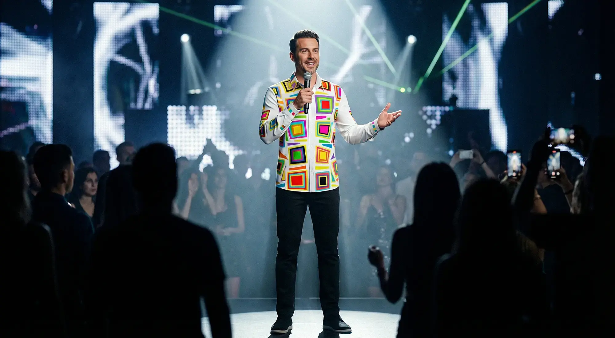 Ein Mann steht auf einer Bühne und moderiert mit dem Hemd SUMMERDAY von GERMENS