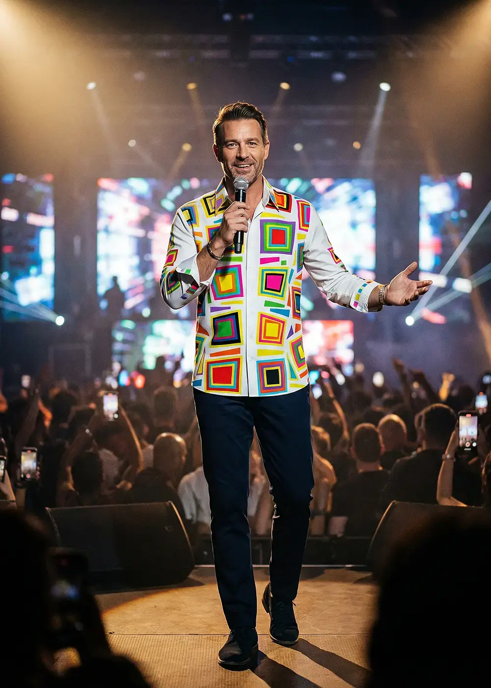 Ein Mann steht auf einer Bühne und moderiert mit dem Hemd SUMMERDAY von GERMENS