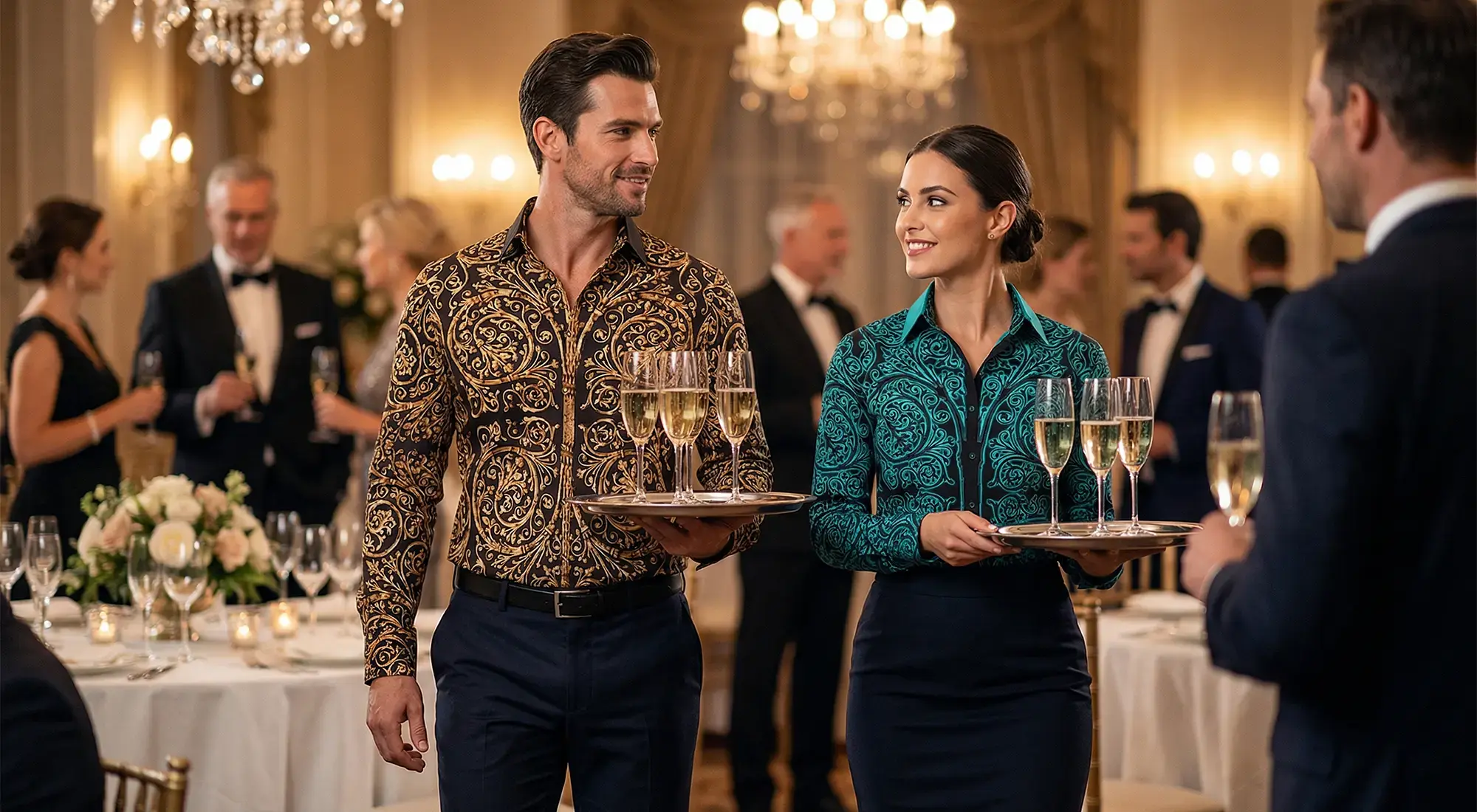 Two service staff serve champagne and wear shirts and blouses from GERMENS.