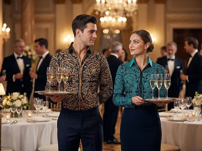  Service/bar team in action – wearing GERMENS shirts PORTE NOTRE DAME PARIS as a recognizable signature look.