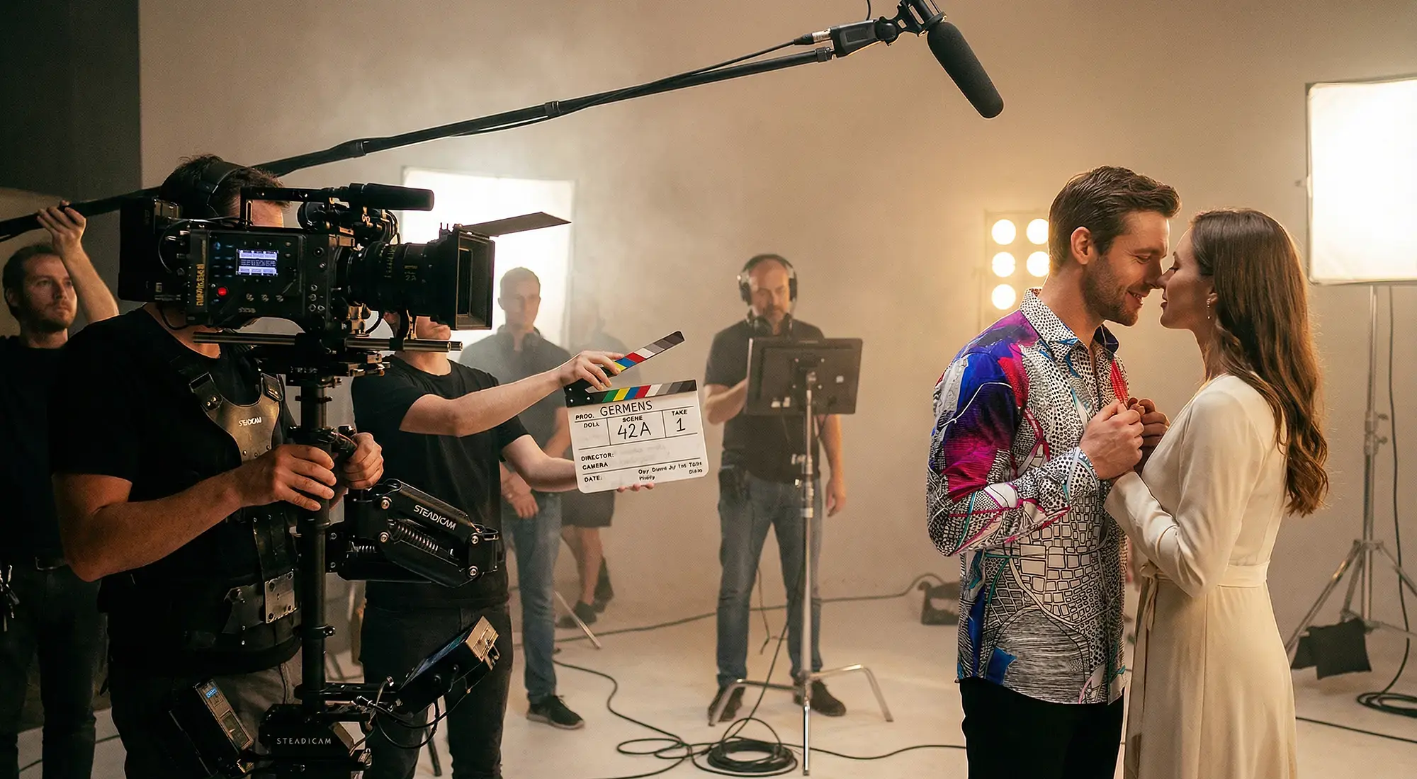 Dreh einer Liebesszene in einem Kinofilm. Der Mann trägt das GERMENS Hemd QUADROPHONIE