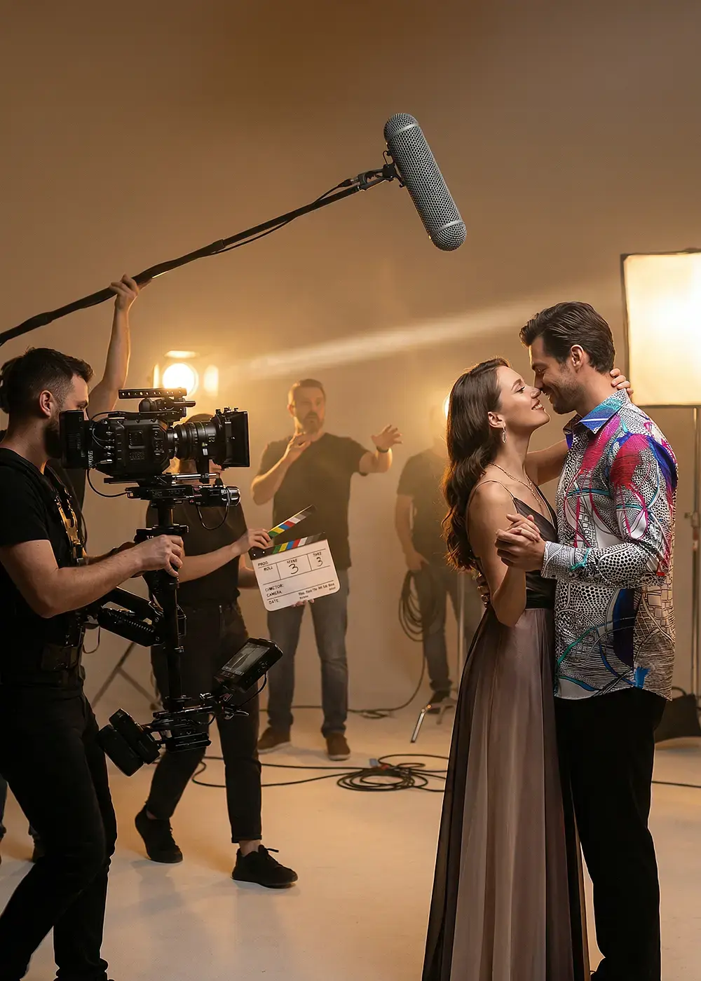 Dreh einer Liebesszene in einem Kinofilm. Der Mann trägt das GERMENS Hemd QUADROPHONIE