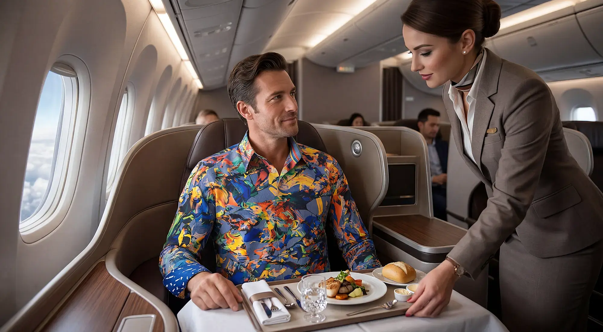 A man is sitting in business class and being served by a flight attendant. He is wearing the colorful GERMENS QUICK & SLOW shirt.