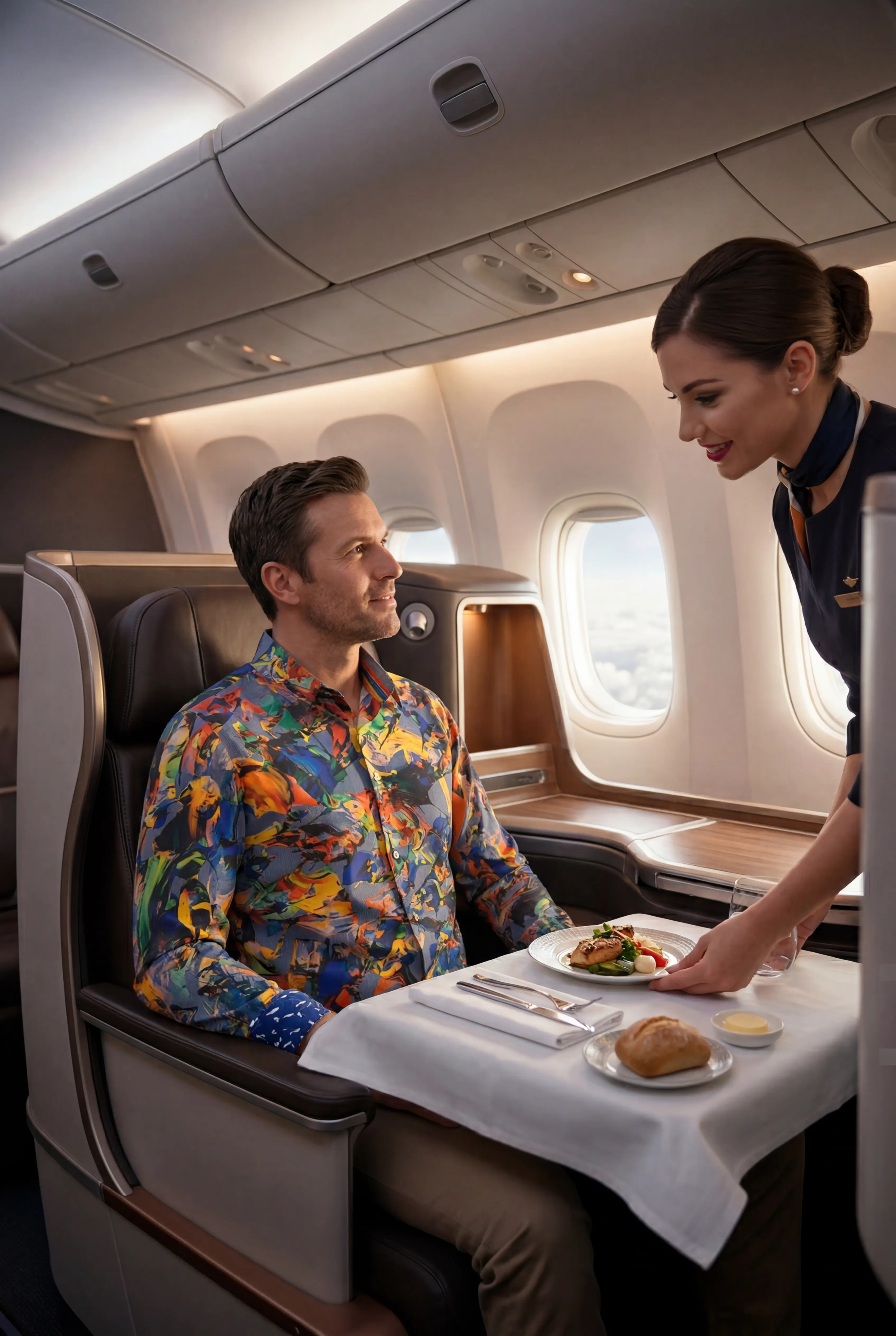 A man is sitting in business class and being served by a flight attendant. He is wearing the colorful GERMENS QUICK & SLOW shirt.