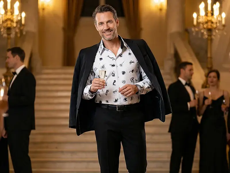 Gala evening – formal setting, the GERMENS FLUGZAUBER BLANC shirt as an individual eye-catcher.
