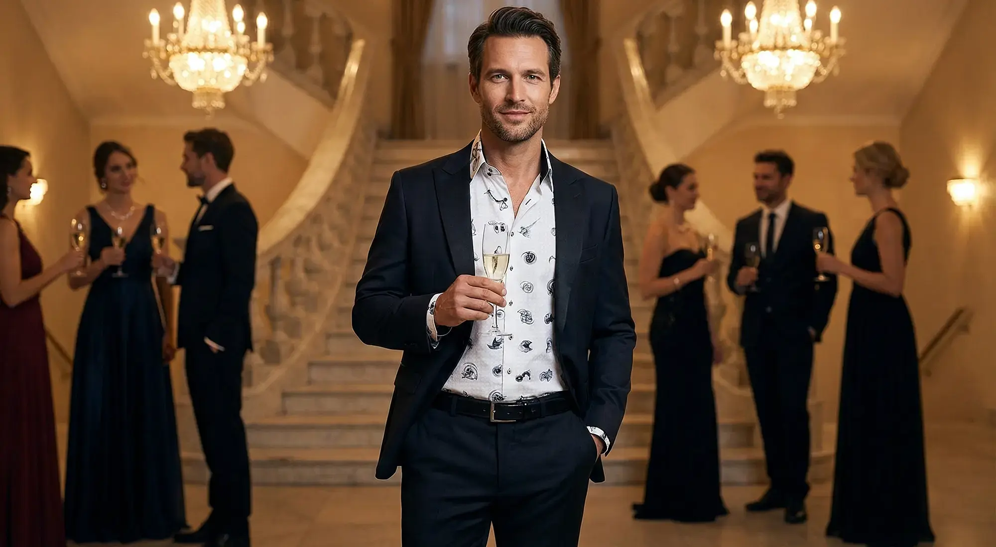 For the gala evening, a man wears a black suit with a GERMENS FLUGZAUBER shirt.